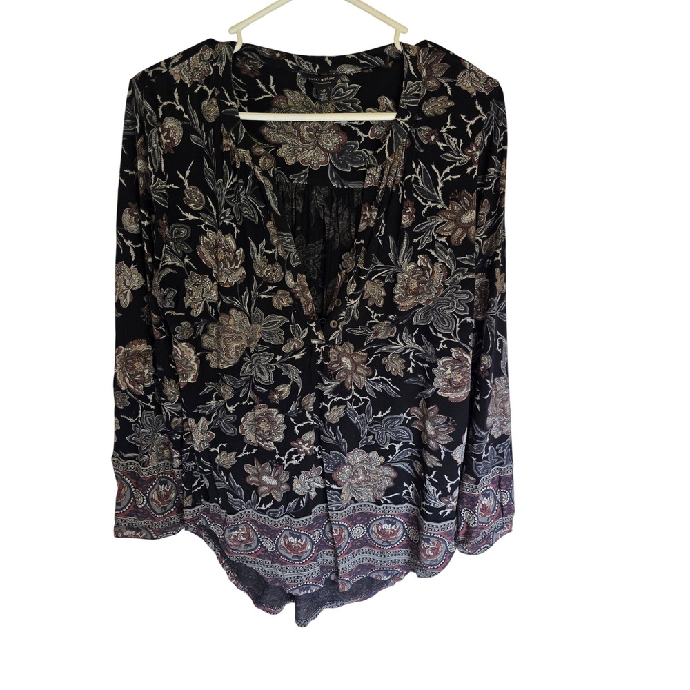 Lucky Brand Womens Small Petite Black Floral Paisley Button V-Neck Long Sleeve